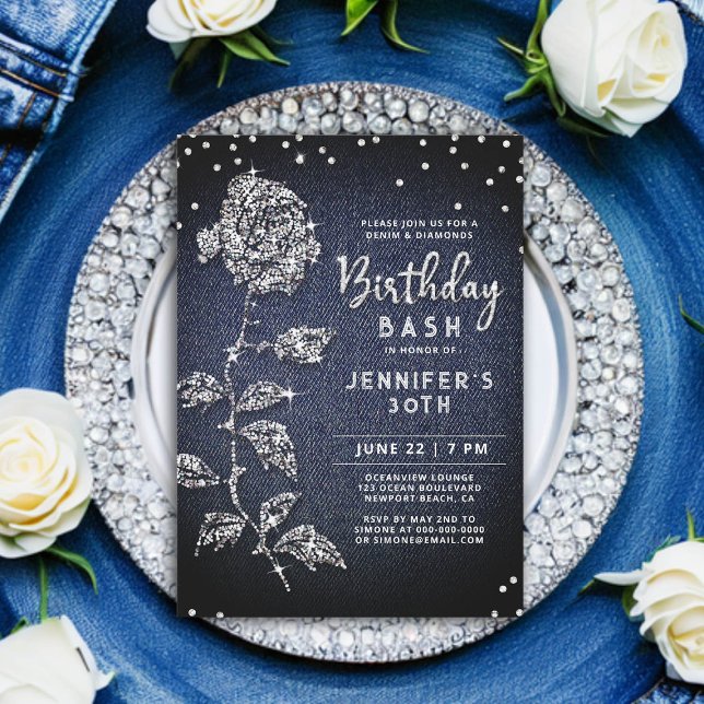 Denim Diamond Bling Rose Indigo Blue 30. Geburtsta Einladung (denim and diamonds birthday invitation 30th women bling rose rhinestones glitter glitz glam classy)