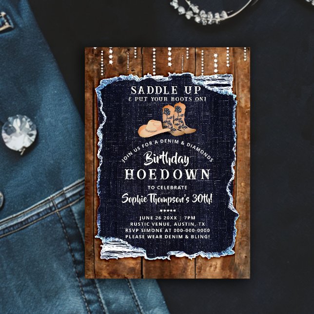 Denim Diamond Cowgirl Chic Rustic Hoedown Geburtst Einladung (denim diamonds birthday party hoedown invitation rustic wood blue white cowgirl chic boots hat bling)