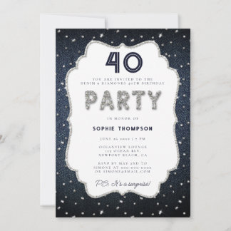 Denim Diamond Glitzer Frame 40. Geburtstag Party Einladung