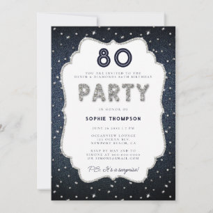 Denim Diamond Glitzer Frame 80. Geburtstagsparty Einladung