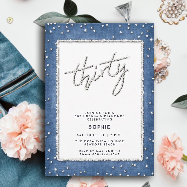 Denim Diamond Glitzer Rahmen einfach 30. Geburtsta Einladung (denim diamonds 30th birthday for women elegant rhinestones modern calligraphy simple frame classy)