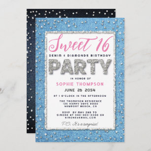 Denim Diamond Glitzer Rahmen Sweet 16 Party Pink Einladung