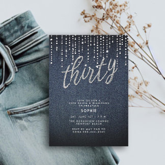 Denim Diamond Glitzer Tropfen Moderne 30. Geburtst Einladung