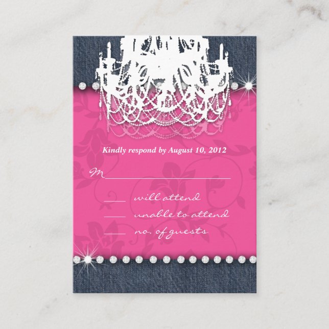 Denim Diamond Wedding Floral Pink Kronleuchter Ant Begleitkarte (Vorderseite)