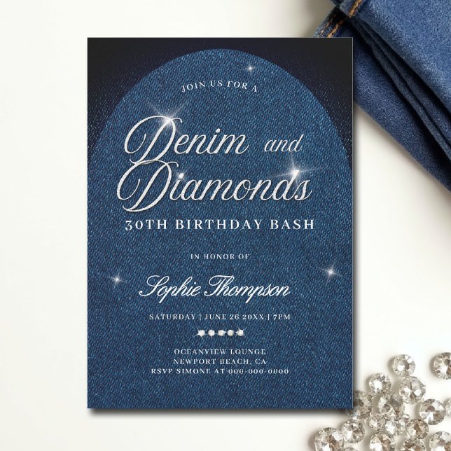 Denim Diamonds Arch Script 30. Geburtstag Party Einladung (denim and diamonds invitation template 30th 50th sweet 16 elegant classy arch script)