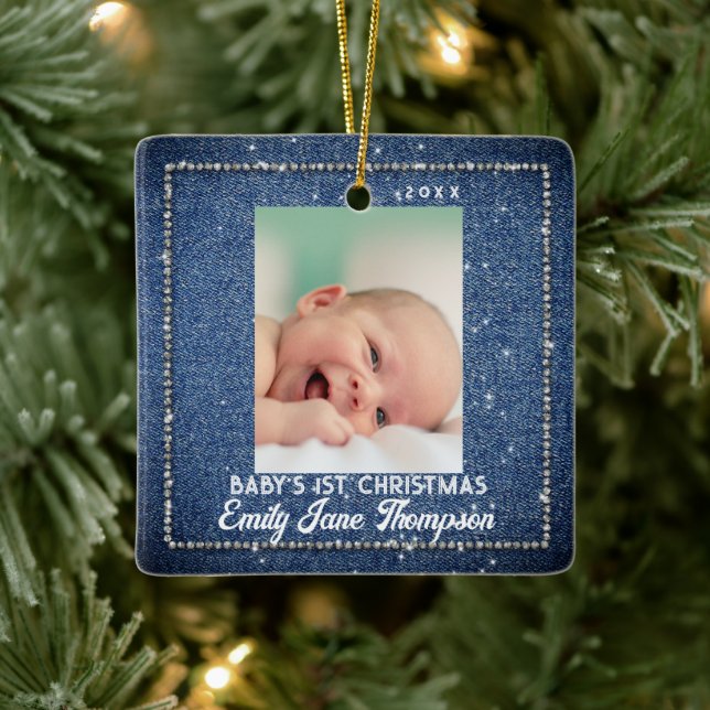 Denim Diamonds Baby First Christmas Rhinestones Keramikornament (Baum)