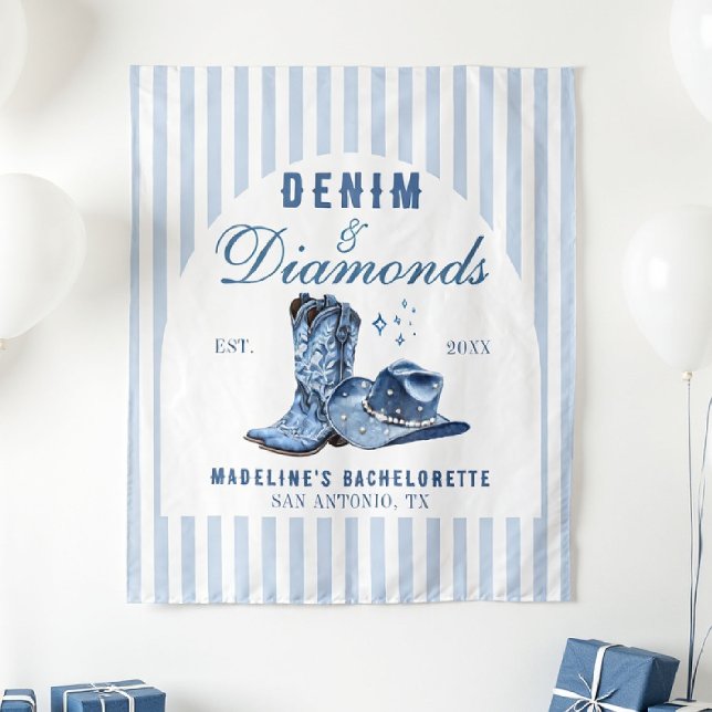 Denim Diamonds Bachelorette Hintergrund Cowgirl Bo Wandteppich (denim diamonds bachelorette backdrop photo booth hand drawn cowgirl hat boots blue white stripes)
