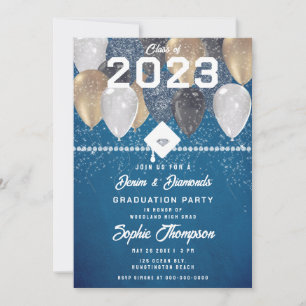 Denim Diamonds Balloons Blue Chic Graduation Party Einladung