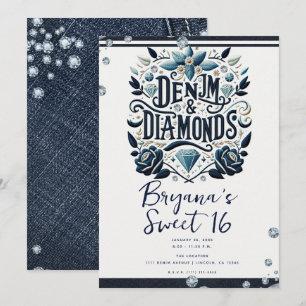 Denim & Diamonds Bestickte Florale Sweet 16 Einladung