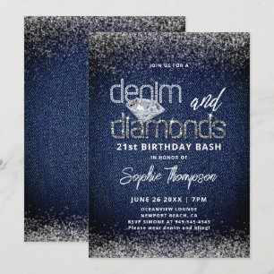 Denim Diamonds Blau Weiße Elegante 21. Geburtstags Einladung