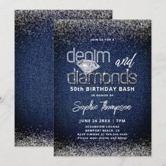 Denim Diamonds Blau Weiße Elegante 50. Geburtstag Einladung
