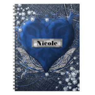 Denim & Diamonds Blaues Herz individuell anpassbar Notizblock
