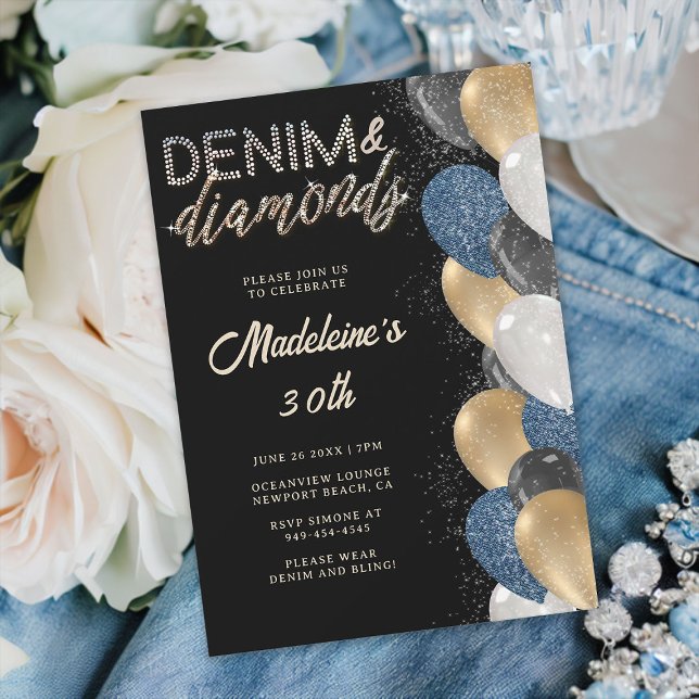 Denim Diamonds Bling Balloons Black 30. Geburtstag Einladung (denim and diamonds 30th birthday party invitation women balloons arch black gold elegant classy)