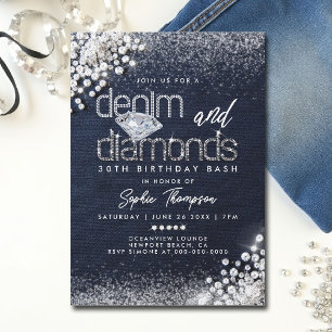 Denim Diamonds Bling Classy 30. Geburtstag Party Einladung