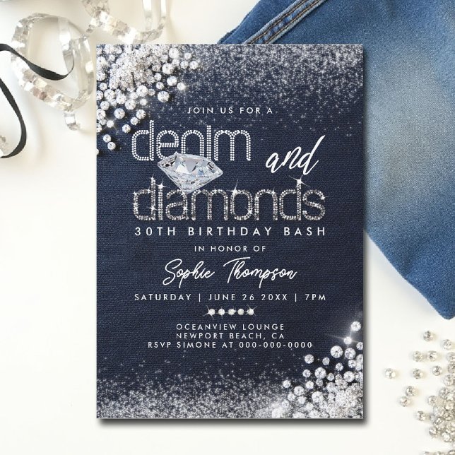 Denim Diamonds Bling Classy 30. Geburtstag Party Einladung (denim and diamonds party invitations 30th 50th sweet 16 elegant classy blue white bling template)