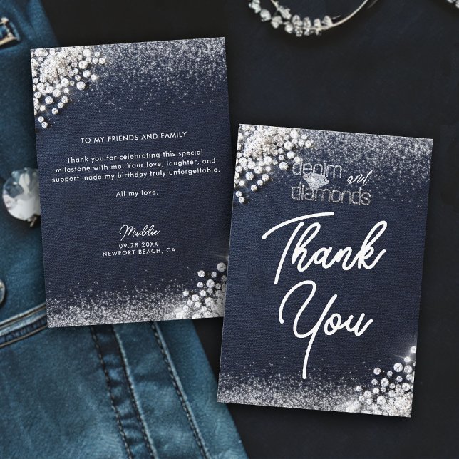 Denim Diamonds Bling Classy Elegant Birthday Party Dankeskarte (denim and diamonds thank you card birthday party glam bling elegant stylish tasteful chic custom)