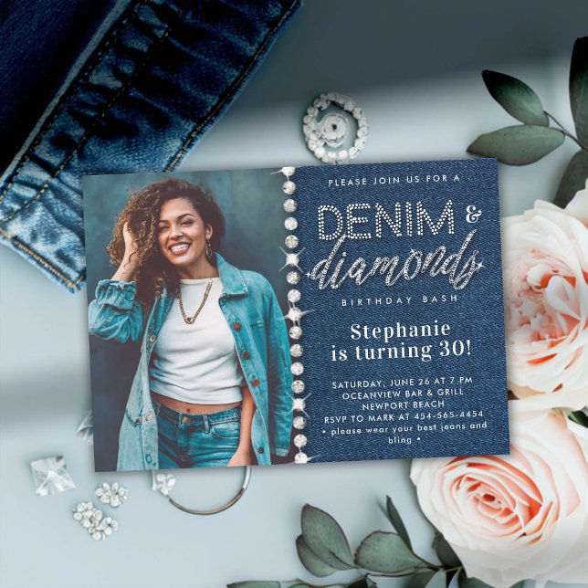 Denim Diamonds Bling Classy Foto 30. Geburtstag Einladung (denim and diamonds party 30th birthday invitation for women blue white photo classy bling glitz chic)