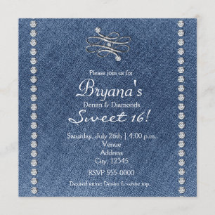 Denim Diamonds Bling Emblem Sweet 16 Einladung