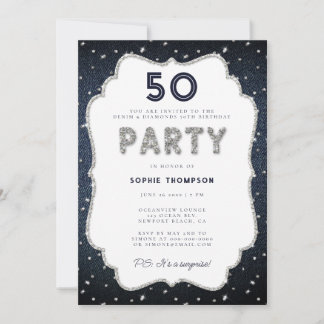 Denim Diamonds Bling Frame 50. Geburtstagsparty Einladung