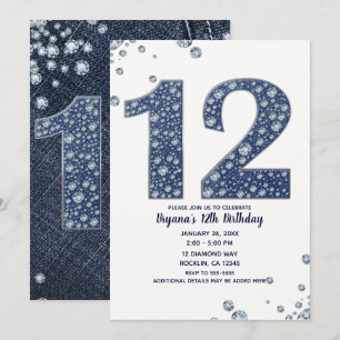 Denim & Diamonds Bling Glitzer 12. 12. Geburtstag Einladung