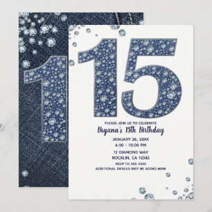 Denim & Diamonds Bling Glitzer 15. 15. Geburtstag Einladung
