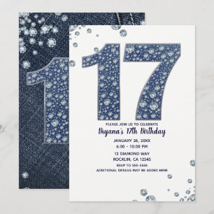 Denim & Diamonds Bling Glitzer 17. 17. Geburtstag Einladung