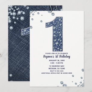 Denim & Diamonds Bling Glitzer 1. Geburtstag 1 EIN Einladung