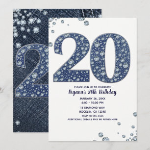Denim & Diamonds Bling Glitzer 20ER 20. Geburtstag Einladung