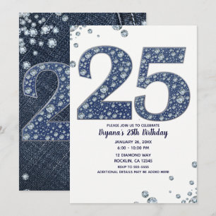Denim & Diamonds Bling Glitzer 25 25. Geburtstag Einladung