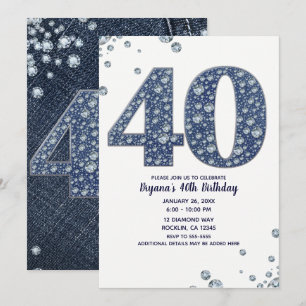 Denim & Diamonds Bling Glitzer 40ER 40. Geburtstag Einladung