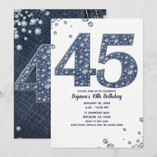 Denim & Diamonds Bling Glitzer 45. 45. Geburtstag Einladung