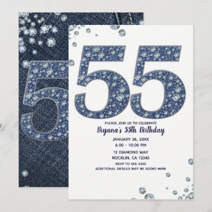 Denim & Diamonds Bling Glitzer 55TH 55. Geburtstag Einladung