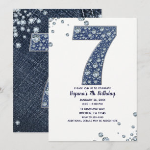 Denim & Diamonds Bling Glitzer 7. 7 Geburtstag Einladung