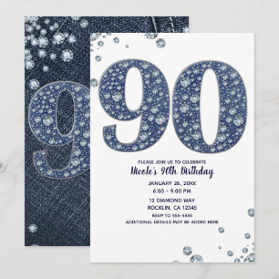 Denim & Diamonds Bling Glitzer 90. 90. Geburtstag Einladung