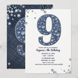 Denim & Diamonds Bling Glitzer 9. 9 Geburtstag Einladung