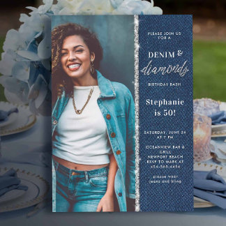 Denim Diamonds Bling Glitzer Foto 50. Geburtstag Einladung