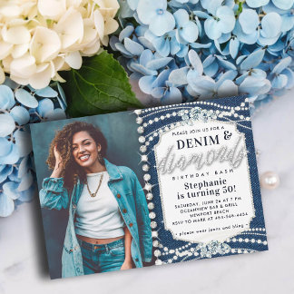 Denim Diamonds Bling Pearls Foto 50. Geburtstag Einladung