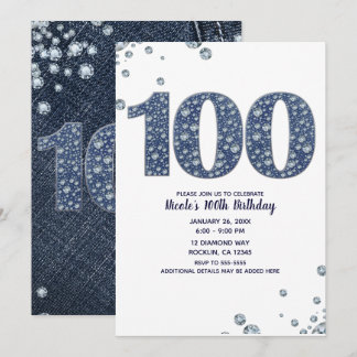Denim & Diamonds Bling Sparkle 100. 100 Geburtstag Einladung
