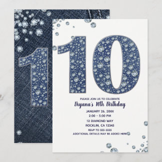 Denim & Diamonds Bling Sparkle 10. 10 Geburtstag Einladung
