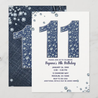 Denim & Diamonds Bling Sparkle 11. 11 Geburtstag Einladung