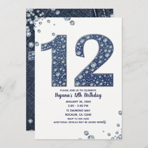 Denim & Diamonds Bling Sparkle 12. 12 Geburtstag Einladung