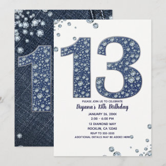 Denim & Diamonds Bling Sparkle 13. 13 Geburtstag Einladung