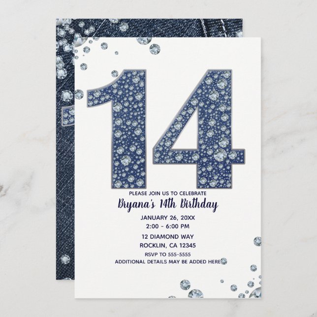 Denim & Diamonds Bling Sparkle 14. 14. Geburtstag Einladung (Vorne/Hinten)