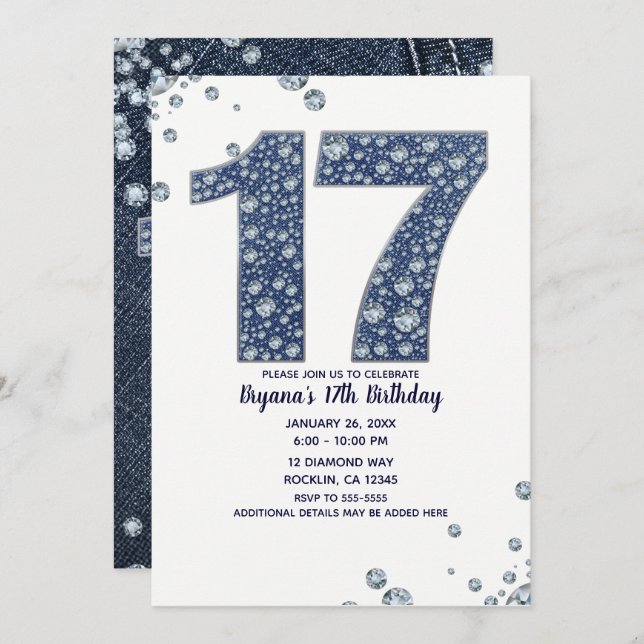 Denim & Diamonds Bling Sparkle 17. 17 Geburtstag Einladung (Vorne/Hinten)