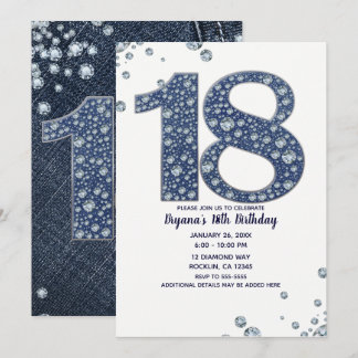 Denim & Diamonds Bling Sparkle 18. 18 Geburtstag Einladung