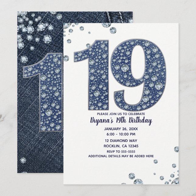 Denim & Diamonds Bling Sparkle 19. 19 Geburtstag Einladung (Vorne/Hinten)