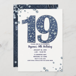 Denim & Diamonds Bling Sparkle 19. 19 Geburtstag Einladung