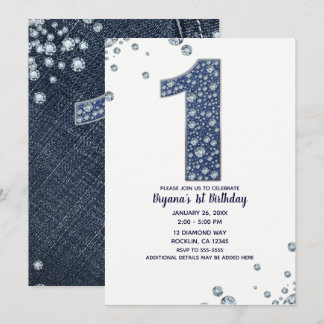 Denim & Diamonds Bling Sparkle 1. Geburtstag 1 Einladung
