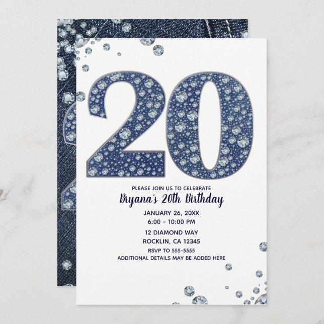 Denim & Diamonds Bling Sparkle 20. 20 Geburtstag Einladung (Vorne/Hinten)