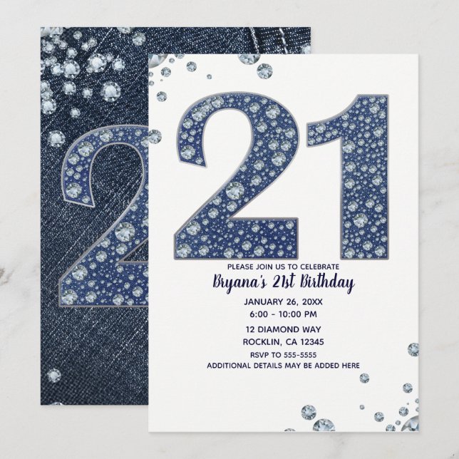 Denim & Diamonds Bling Sparkle 21. 21 Geburtstag Einladung (Vorne/Hinten)